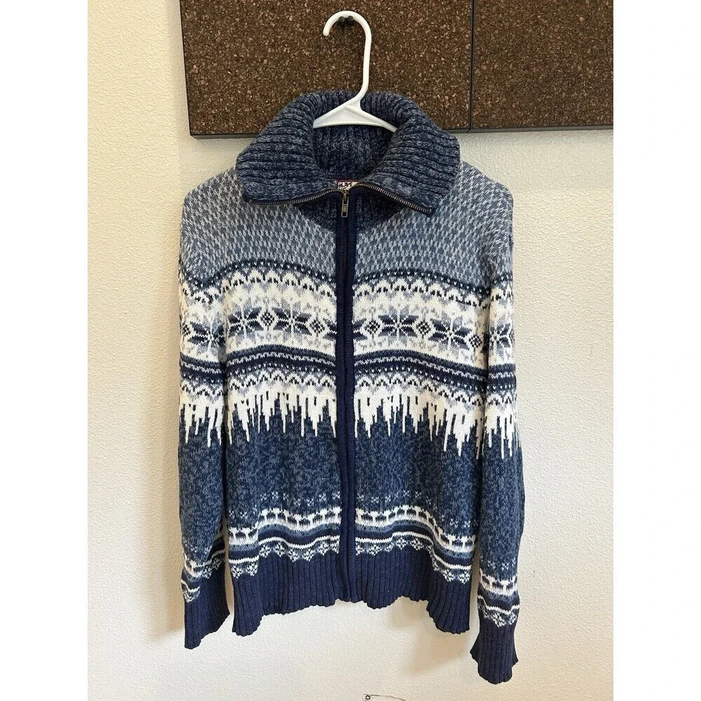 Vintage Snowflake Novelty Ramie Knit Sweater Full Zip Collared Nordic L